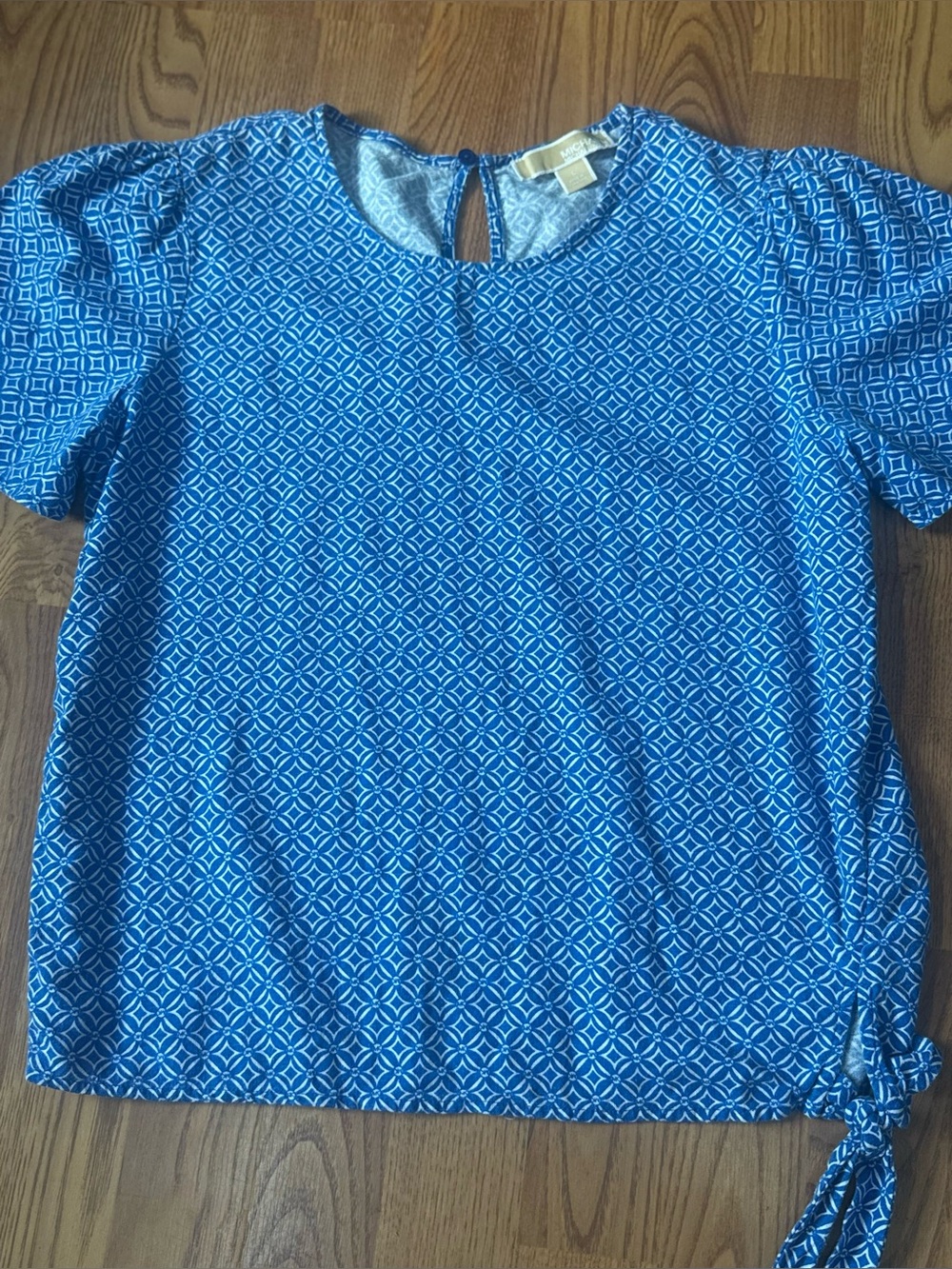 ❤️ Michael Kors S Blue Linen Blend Geometric Tie-Hem Blouse Top Shirt (B13)